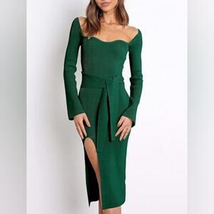 New Teal Green Bodycon Knit Sweater Dress Stretch Bell Sleeves Size XL